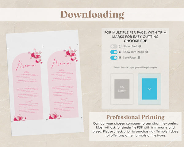 Pink Floral Menu Template, Printable Bridal Shower Menu, Flower Menu, Editable Menu, Floral Bridal Menu Printable, Pink Arch Bridal Menu