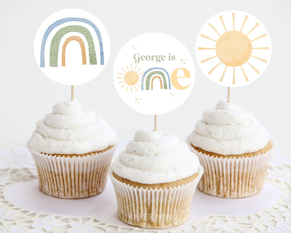 First Trip Around the Sun Cupcake Toppers, Printable Cupcake Topper, Rainbow 1st Birthday Editable Cupcake Toppers, Rainbow Sun 1st Birthday
