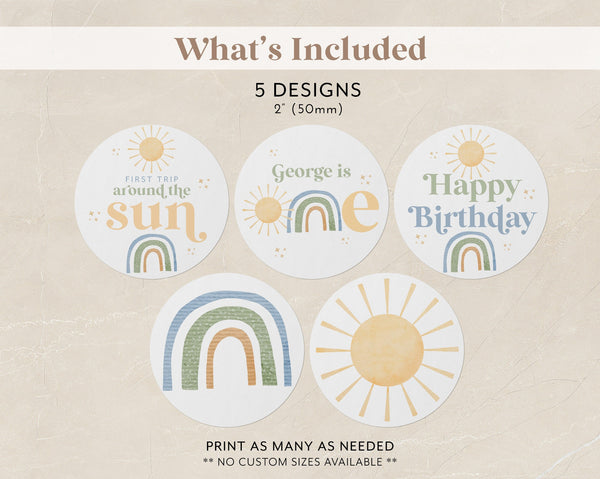 First Trip Around the Sun Cupcake Toppers, Printable Cupcake Topper, Rainbow 1st Birthday Editable Cupcake Toppers, Rainbow Sun 1st Birthday