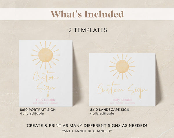 Sun Editable Signs, Custom 8x10 Sign, Printable Sunshine Birthday Sign 8x10, Custom Text Landscape Sign Portrait Sign, Sunshine Party Decor