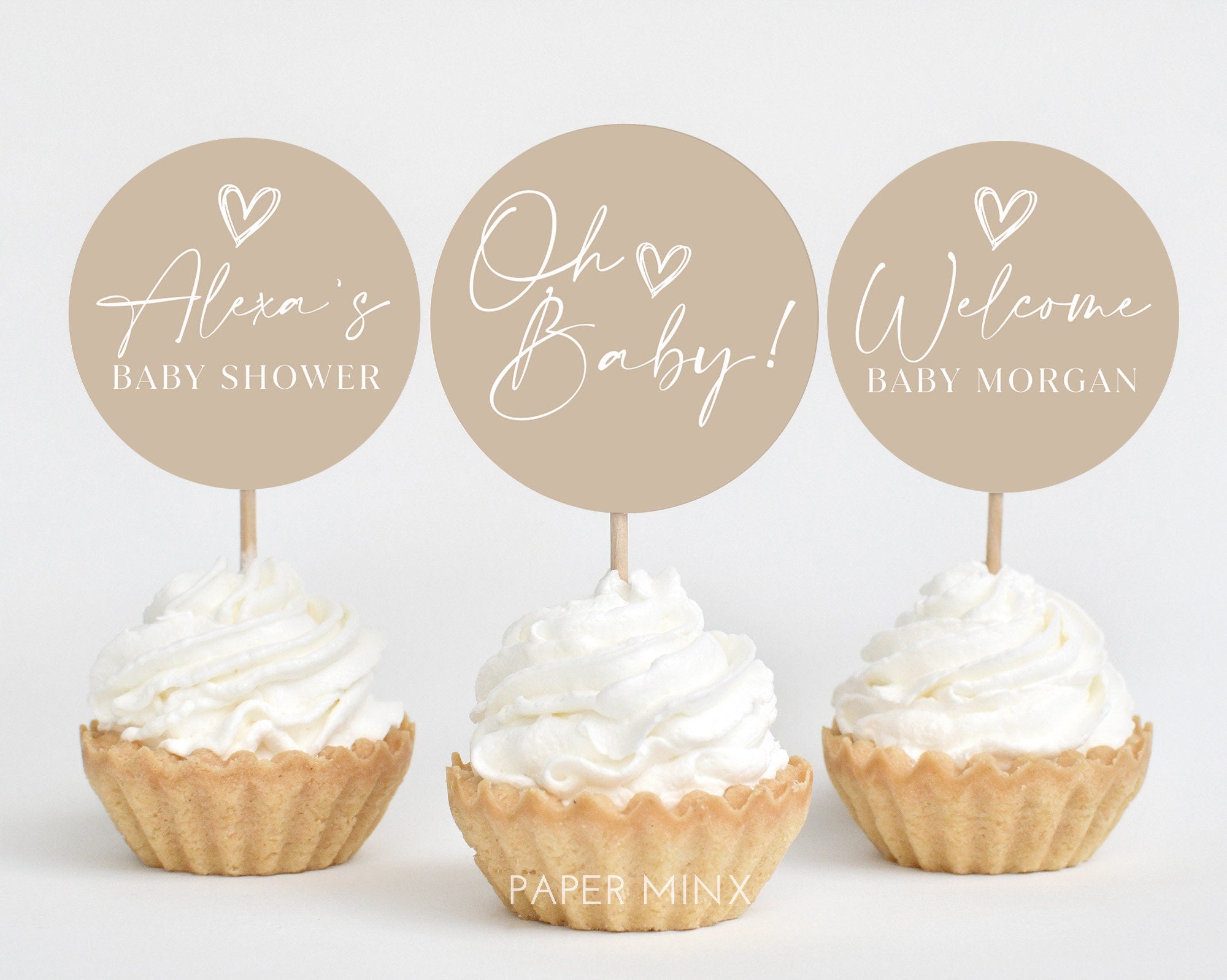 Neutral Cupcake Toppers, Minimal Baby Shower Cupcake Toppers, Printable Cupcake Toppers, Editable Cupcake Toppers, Beige Baby Shower Toppers