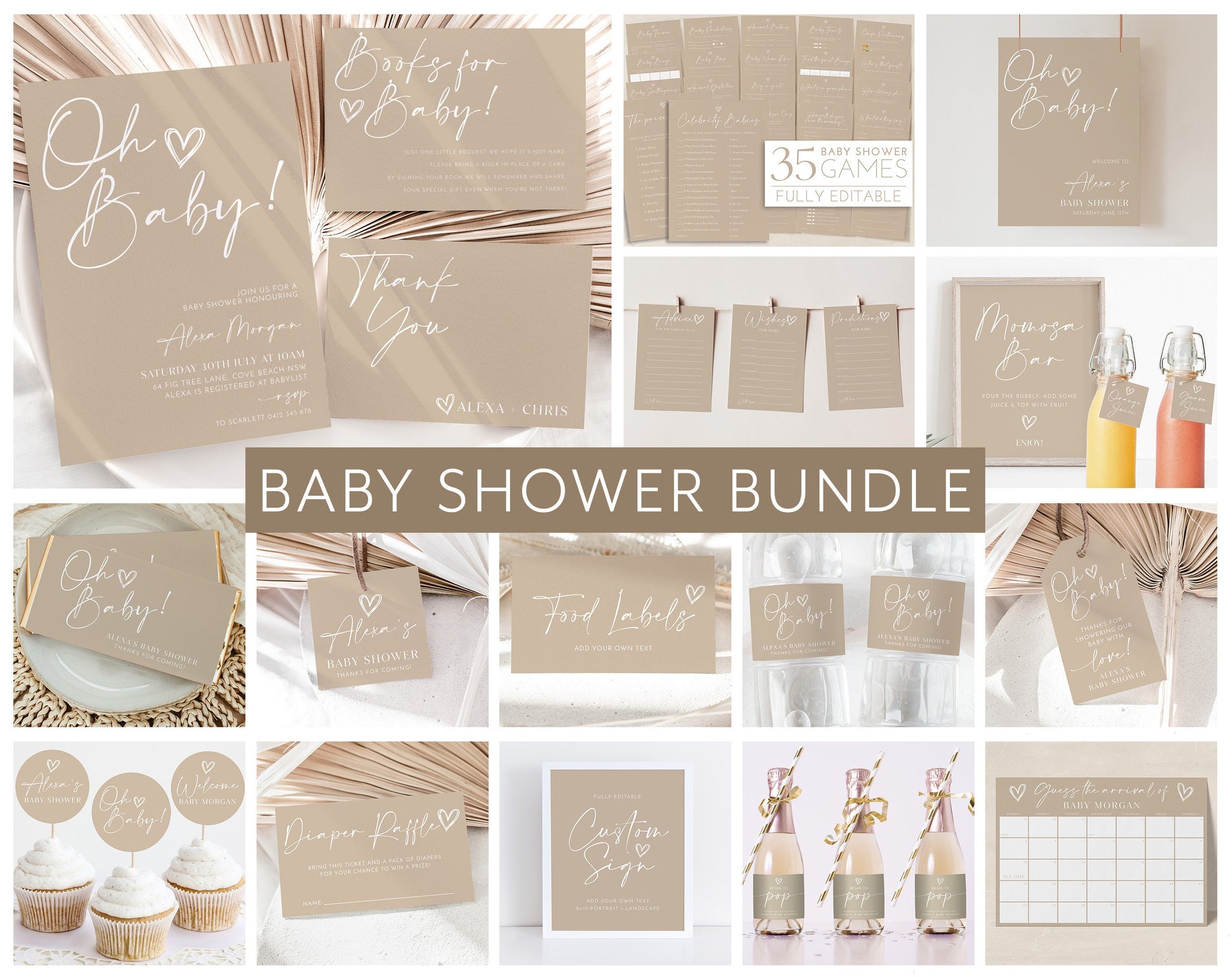 Neutral Baby Shower Invitation Bundle, Printable Gender Neutral Baby Shower Invite, Minimal Baby Shower Games, Beige Baby Shower Decorations