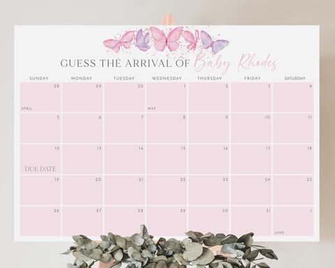 Butterfly Baby Due Date Calendar, Guess the Due Date, Birth Date Sign, Baby Arrival Sign Printable, Butterfly Baby Shower Due Date Sign Pink