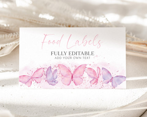 Butterfly Baby Shower Food Labels, Butterfly Food Tent Cards, Folded Food Cards, Pink Purple Food Tented Cards, Butterflies Baby Shower Food