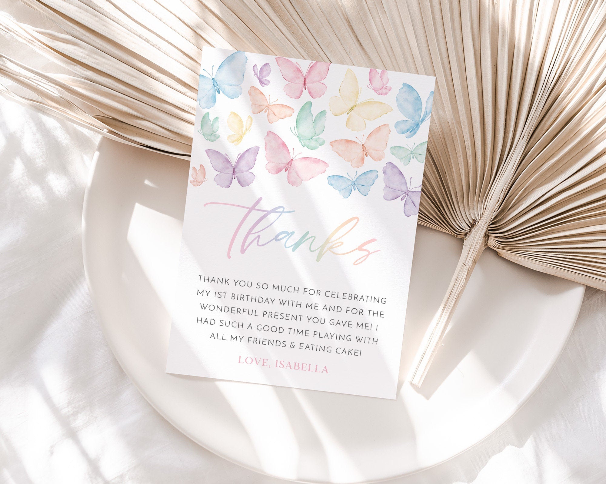 Rainbow Butterfly Thank You Card, Pastel Butterfly Thank you, 1st Birthday Butterfly Thank You Card, ButterfliesBirthday Party Decor Rainbow