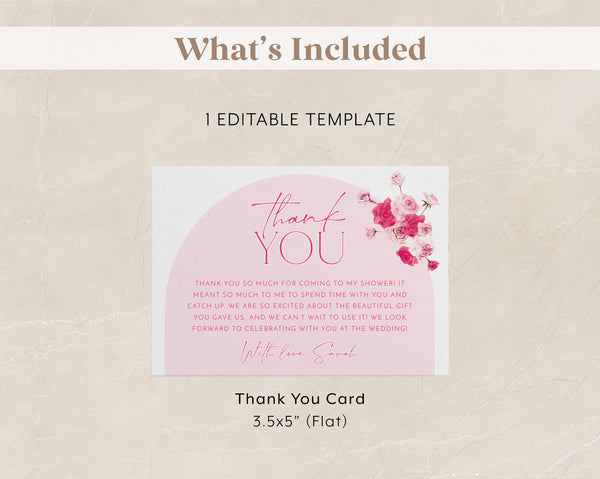 Pink Floral Thank You Card Template, Printable Thank You Card Instant Download Thank You Card, Bridal Shower Thank You, Pink Thank You Card