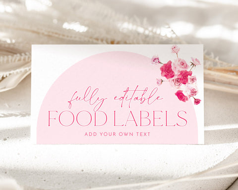 Pink Bridal Shower Food Labels, Food Label Card, Food Tent Cards, Food Tags, Food Labels, Folded Food Cards, Tented, Pink Floral Food Label