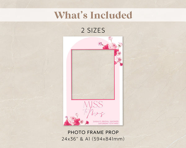 Pink Floral Bridal Shower Photo Prop, Bridal Shower Selfie Frame, Photo Booth Frame, Miss To Mrs Bridal Shower Sign Personalized Photo Frame
