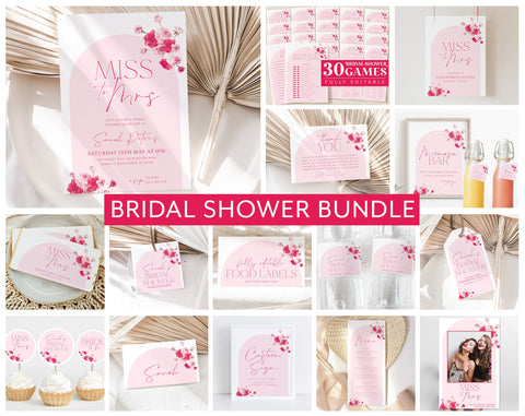 Pink Bridal Shower Invitation Bundle, Floral Bridal Shower Games Pack, Editable Games, Printable Pink Floral Bridal Shower Bundle and Decor