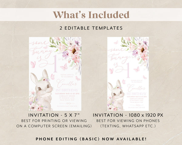 Some Bunny is One Invitation, Floral Some Bunny is Turning One Invite, Bunny Birthday Party Invitation, 1st Birthday Girl, Butterflies Pink