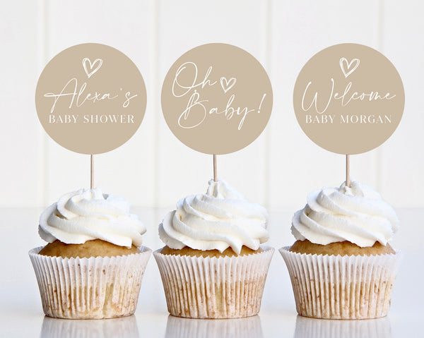 Neutral Cupcake Toppers, Minimal Baby Shower Cupcake Toppers, Printable Cupcake Toppers, Editable Cupcake Toppers, Beige Baby Shower Toppers