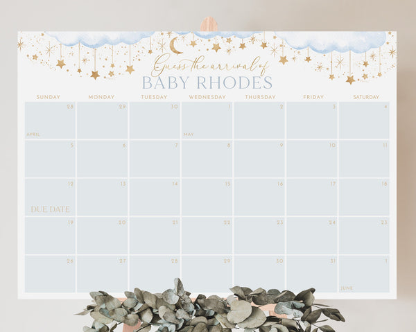 Moon Stars Baby Due Date Calendar, Guess the Due Date, Birth Date Sign, Baby Arrival Sign Printable, Blue Over the Moon, Twinkle, Boy Baby