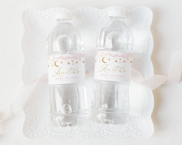 Moon Stars Baby Shower Water Bottle Label, Pink Over the Moon Water Labels, Printable Water Label, Baby Shower Water Sticker, Twinkle Girl