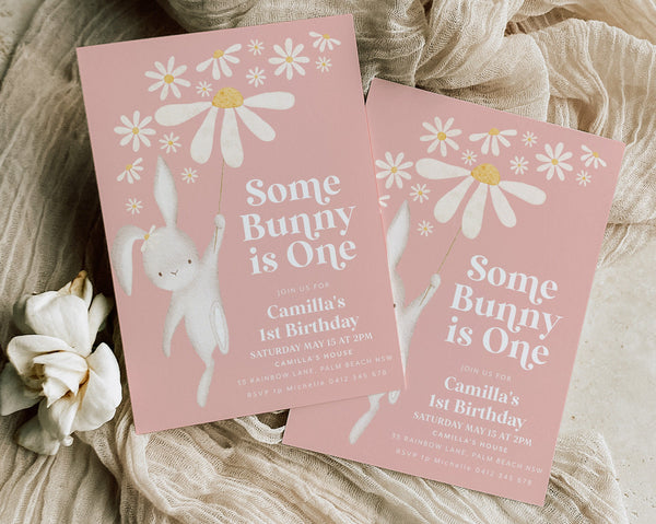 Some Bunny is One Invitation, Daisy Some Bunny is Turning One Invite, Bunny Birthday Party Invitation, 1st Birthday Girl, Bunny and Daisies