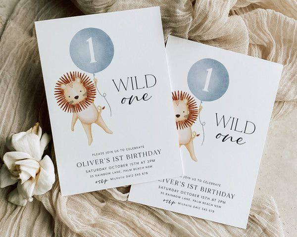 Wild One Birthday Invitation, Lion 1st Birthday Invite, Wild One Invitation Printable, 1st Birthday Boy, Boys Birthday Invitation Blue Lion