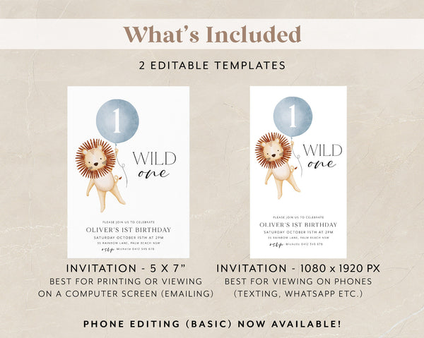 Wild One Birthday Invitation, Lion 1st Birthday Invite, Wild One Invitation Printable, 1st Birthday Boy, Boys Birthday Invitation Blue Lion