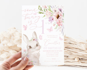 Some Bunny is One Invitation, Floral Some Bunny is Turning One Invite, Bunny Birthday Party Invitation, 1st Birthday Girl, Butterflies Pink