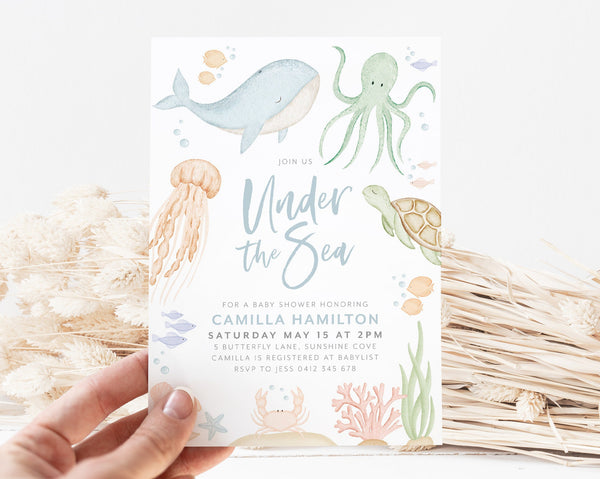 Under the Sea Baby Shower Invitation, Sea Animal Invitation Template, Whale Baby Shower Invitation, Ocean Baby Shower Invite, Gender Neutral