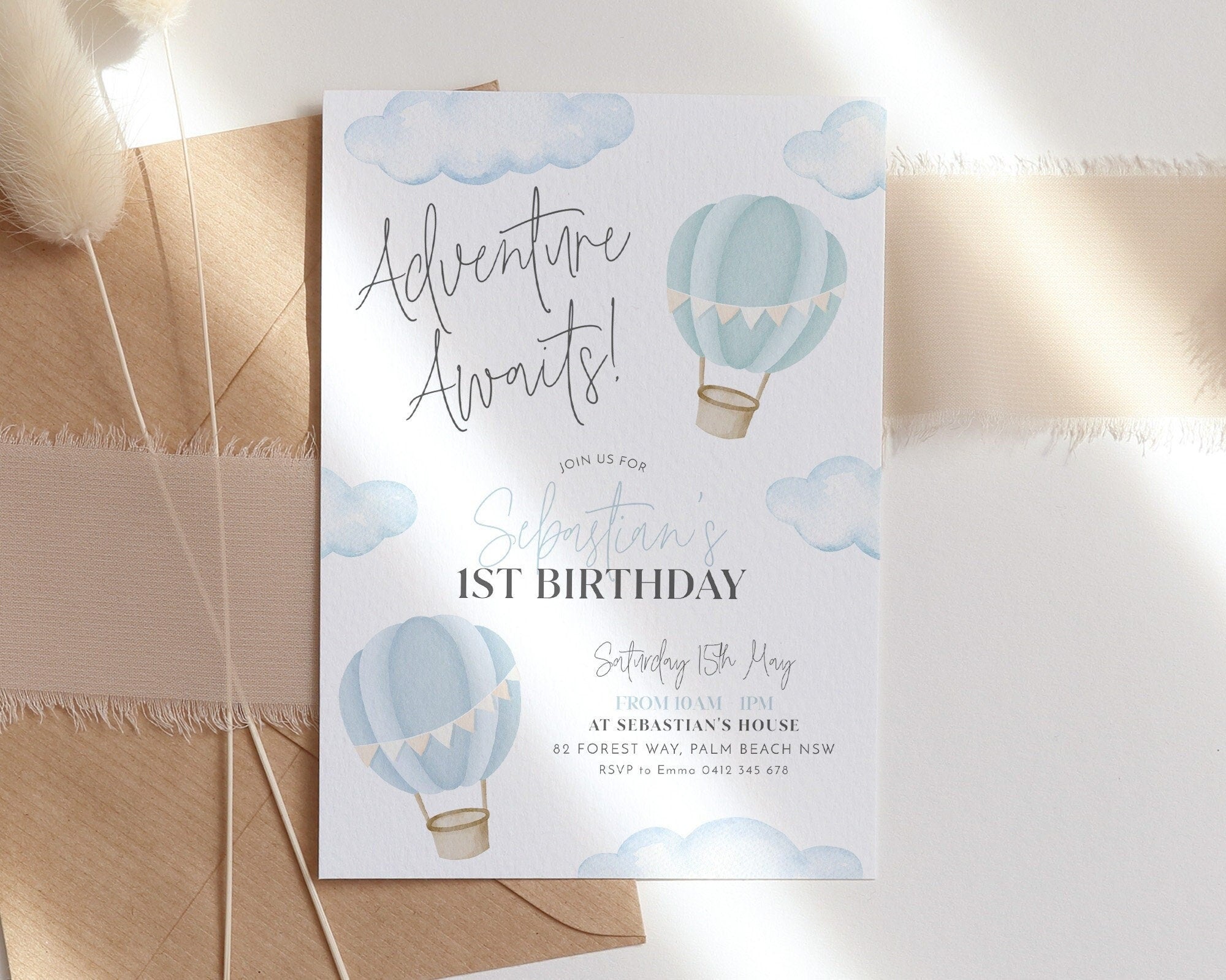 Hot Air Balloon 1st Birthday Invitation, Adventure Awaits Invitation 1st Birthday Boy, Printable Invite Blue Hot Air Balloon Up Up and Away