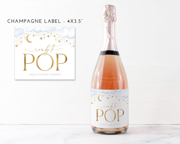 Moon Stars Baby Shower Champagne Labels, Printable Wine Labels, Mini Champagne Labels, Ready to Pop Labels, Over the Moon, Twinkle, Boy Baby