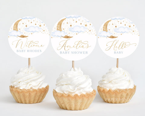 Moon Stars Baby Shower Cupcake Toppers, Over the Moon Cupcake Toppers, Printable Cupcake Toppers, Editable Cupcake Toppers, Twinkle Boy Blue