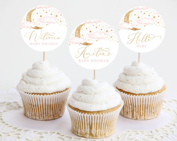 Moon Stars Baby Shower Cupcake Toppers, Over the Moon Cupcake Toppers, Printable Cupcake Toppers, Editable Cupcake Toppers Twinkle Girl Pink