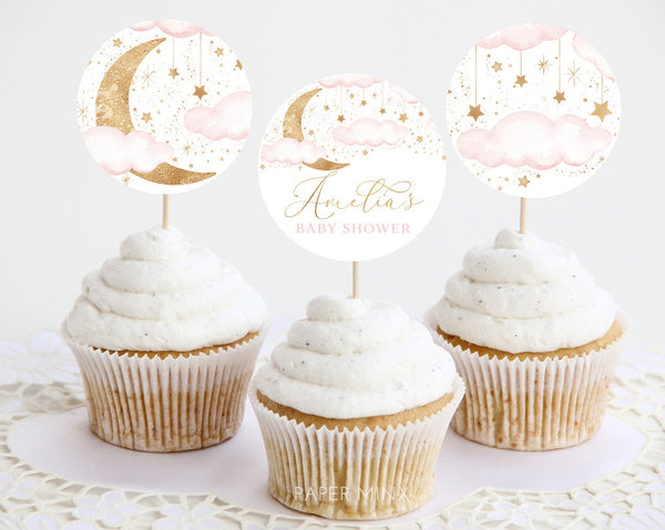 Moon Stars Baby Shower Cupcake Toppers, Over the Moon Cupcake Toppers, Printable Cupcake Toppers, Editable Cupcake Toppers Twinkle Girl Pink