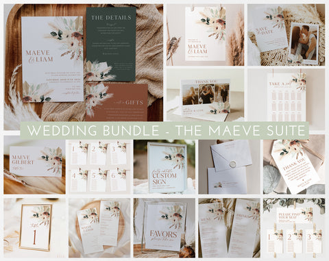 Boho Rustic Wedding Invitation Bundle, Editable Wedding Invitation Template, Terracotta Sage Floral, Printable Wedding Invitation, Maeve