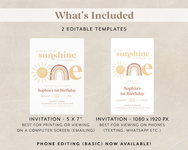 Little Sunshine Birthday Invitation, Sun Invitation, Sunshine 1st Birthday Invitation, 1st Birthday Girl, Boho Sunshine, Rainbow Invitation