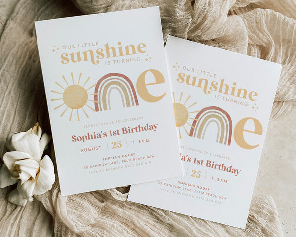Little Sunshine Birthday Invitation, Sun Invitation, Sunshine 1st Birthday Invitation, 1st Birthday Girl, Boho Sunshine, Rainbow Invitation