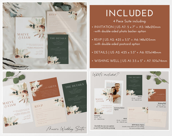 Boho Rustic Wedding Invitation Bundle, Editable Wedding Invitation Template, Terracotta Sage Floral, Printable Wedding Invitation, Maeve