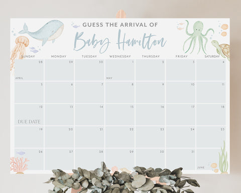 Under the Sea Baby Due Date Calendar, Guess the Due Date, Birth Date Sign, Baby Arrival Sign Printable, Ocean Animals Birthday Guessing Game
