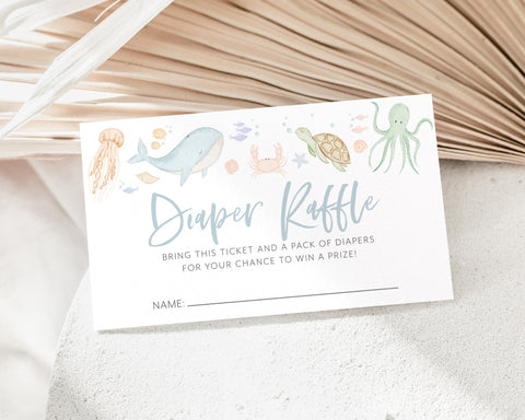 Under the Sea Diaper Raffle Card, Ocean Animals Baby Shower Diaper Raffle Card, Editable Template, Printable, Nappy, Under the Sea Shower