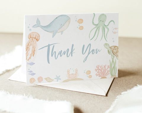 Under the Sea Thank You Card Template, Printable Thank You Card, Ocean Animals Baby Shower Thank You Card, Under the Sea Baby Shower Card