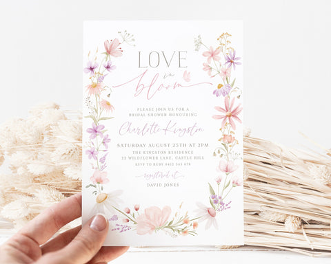 Love in Bloom Bridal Shower Invitation, Wildflower Invitation, Floral Bridal Shower, Bridal Brunch Invitation, Modern Bridal Invite, Pink