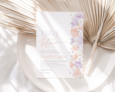 Love in Bloom Bridal Shower Invitation, Floral Invitation, Floral Bridal Shower, Bridal Brunch Invitation, Modern Bridal Invite, Lilac Peach