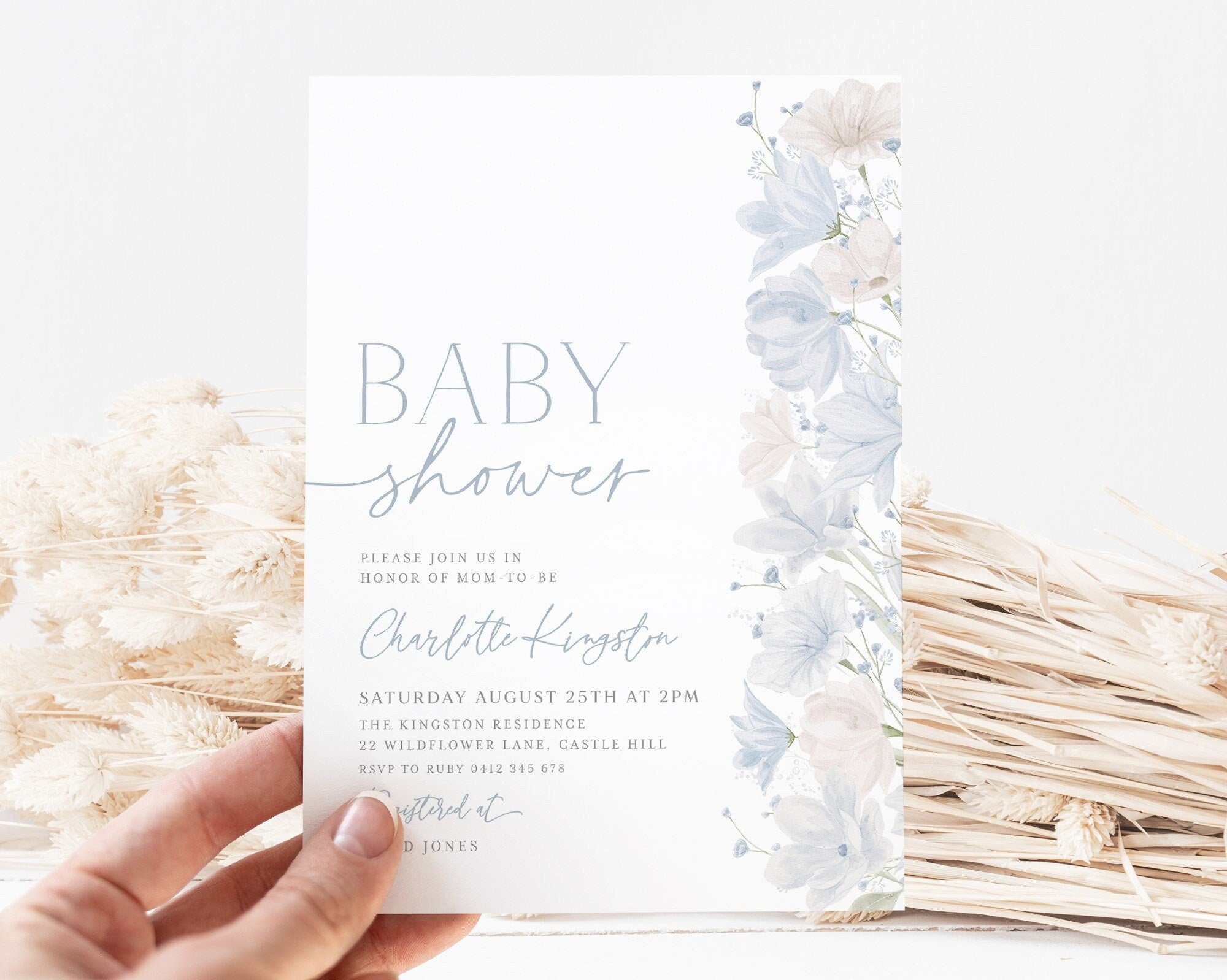Baby Shower Invitation, Blue Floral Baby Shower Invitation, Blue Flower Invitation, Floral Baby Brunch, Blue Baby Shower Invitation Boy