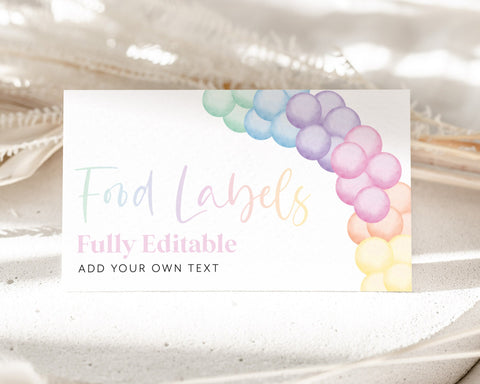 Pastel Rainbow Food Labels, 1st Birthday Food Label Card, Food Tent Card, Birthday Food Tags, Folded Food Cards, Tented Food Labels, Rainbow