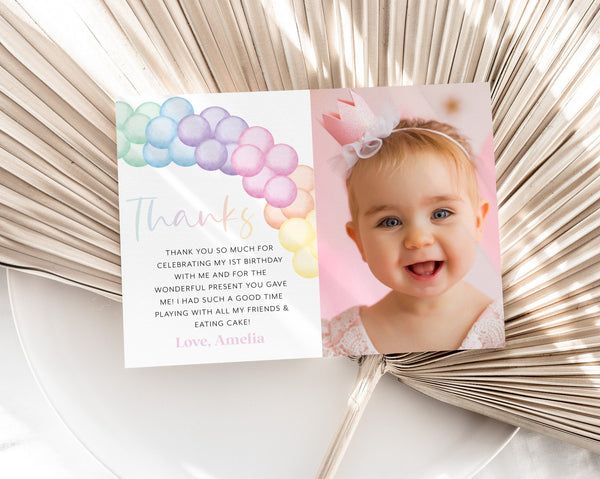Pastel Rainbow Thank You Card Template, Printable Thank You Card, Girls Birthday Thank You Card Editable Template,  Birthday Party Thank You