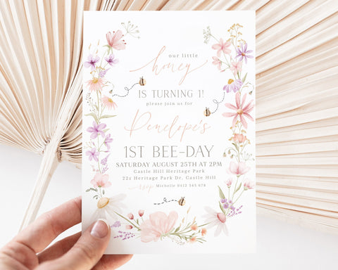 First Bee Day Invitation, Bee Birthday Invitation Pink, Bee 1st Birthday Invite, Bumble Bee Birthday, Wildflower Bee Day, 1st Birthday Girl