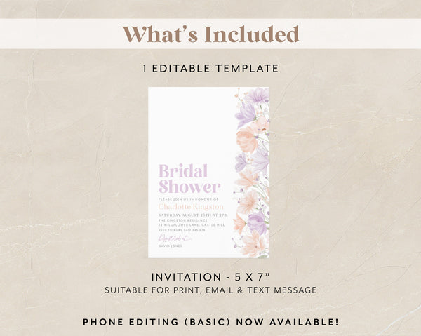 Floral Bridal Shower Invitation, Floral Invitation, Flower Bridal Shower, Bridal Brunch Invitation, Modern Bridal Invite, Lilac and Peach