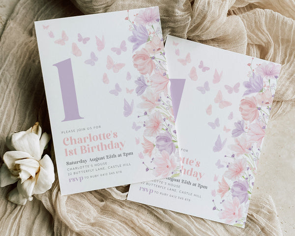 Butterfly Birthday Invitation, 1st Birthday Invite, Floral Butterfly Birthday Invitation, Pink Purple Butterfly Party, 1st Birthday Girl
