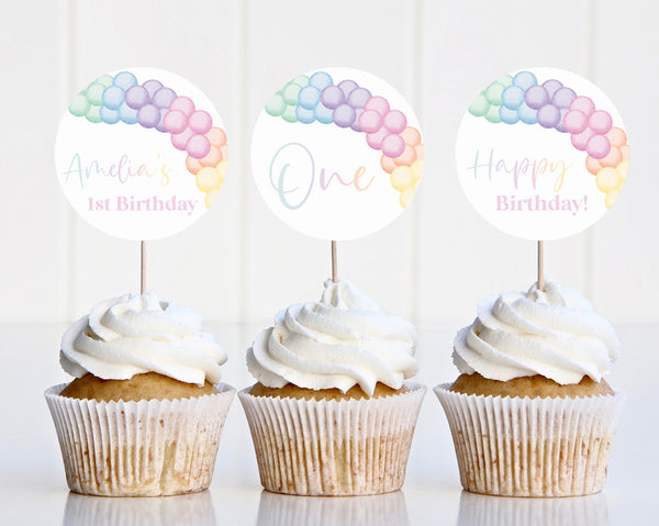 Pastel Rainbow Cupcake Toppers, Printable Cupcake Topper, Rainbow 1st Birthday Editable Cupcake Toppers, Pastel Rainbow 1st Birthday Toppers