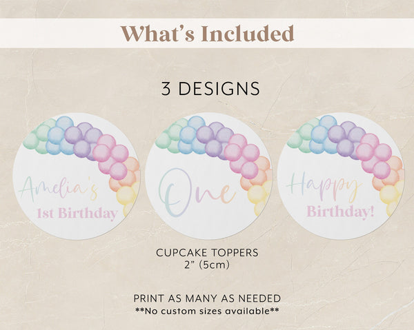 Pastel Rainbow Cupcake Toppers, Printable Cupcake Topper, Rainbow 1st Birthday Editable Cupcake Toppers, Pastel Rainbow 1st Birthday Toppers