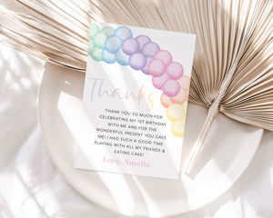 Pastel Rainbow Thank You Card Template, Printable Thank You Card, Girls Birthday Thank You Card Editable Template,  Birthday Party Thank You
