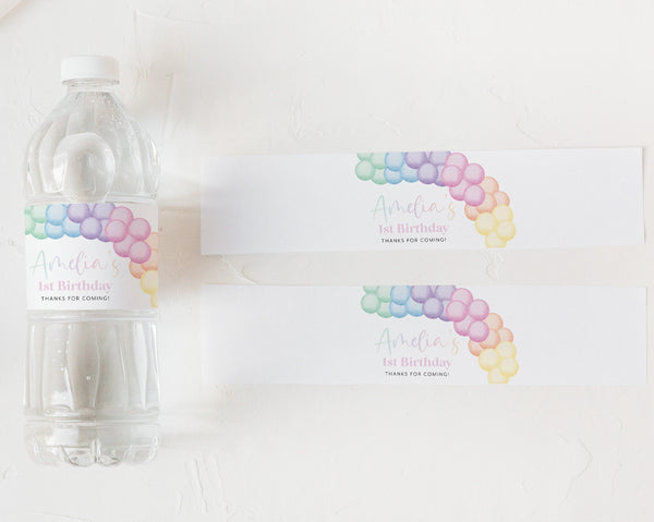 Pastel Rainbow Water Bottle Labels, Birthday Water Label, Printable Water Bottle Label, Rainbow 1st Birthday Party Water Labels, Balloons