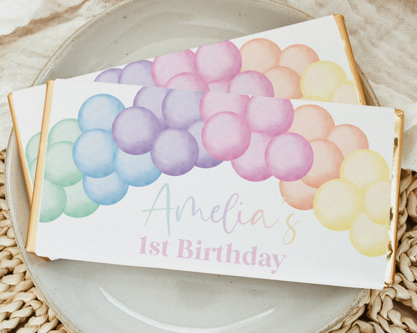 Pastel Rainbow Chocolate Bar Wrapper Template, Printable Candy Bar Wrapper, Balloons 1st Birthday Candy Bar Wrapper, Pastel Birthday Favors