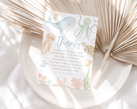 Under the Sea Thank You Card Template, Printable Thank You Card, Oneder the Sea 1st Birthday Thank You Card Editable Template Sea Animals