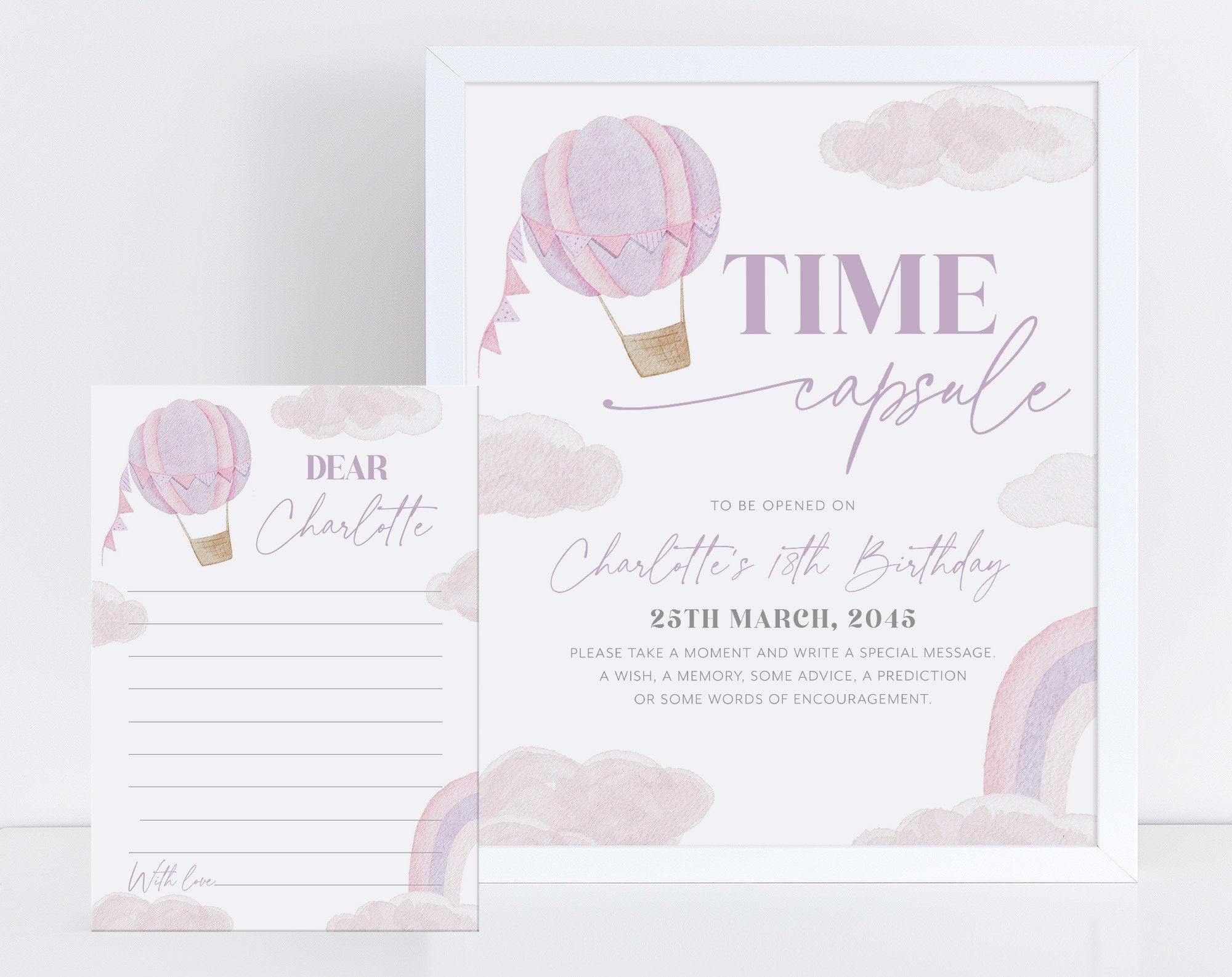 ONEderful Time Capsule, 1st Birthday Time Capsule Sign, Purple Hot Air Balloon Time Capsule Template, Girls 1st Birthday Onederful Rainbow
