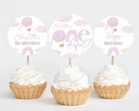 Onederful Cupcake Toppers, Printable Cupcake Topper, Purple Hot Air Balloon 1st Birthday Editable Cupcake Toppers, Onederful First Birthday